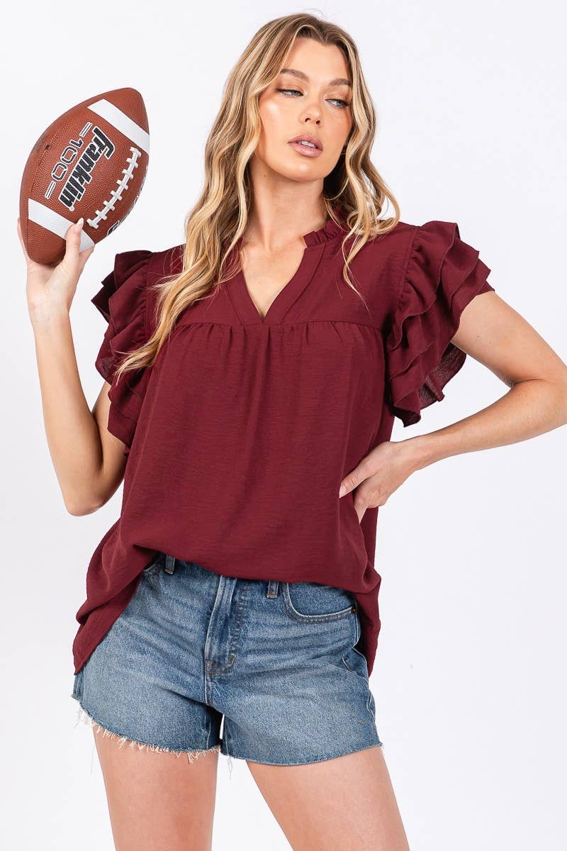 AIRFLOW OVERSIZED RUFFLE SLEEVE BLOUSE - BURGUNDY