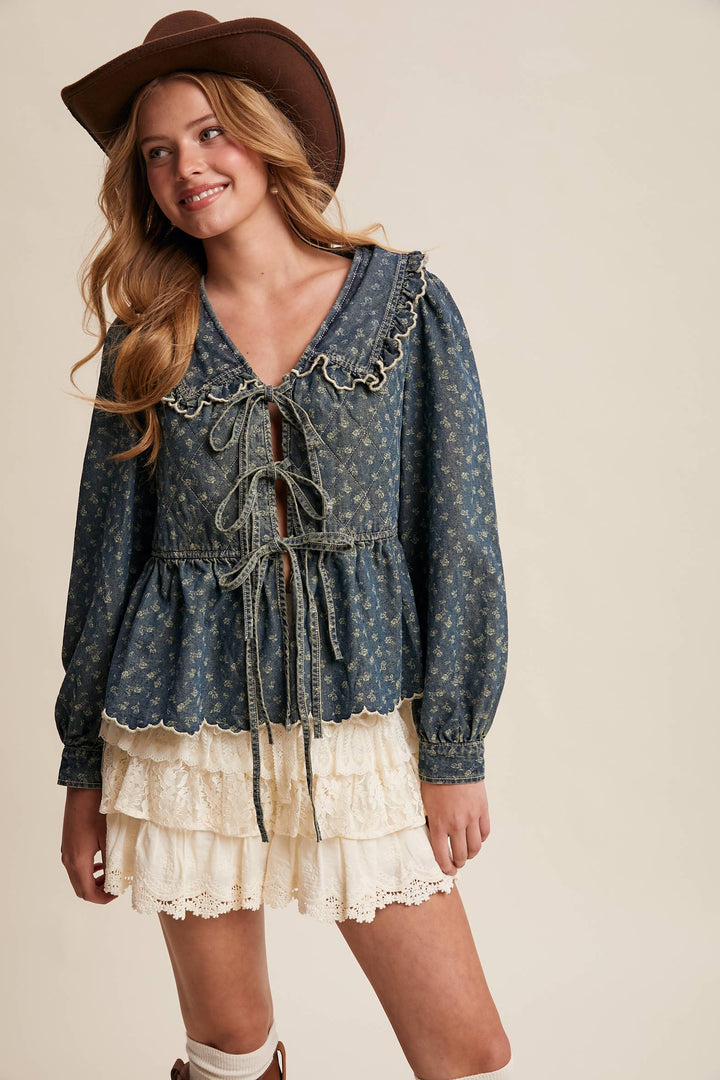 Ruffle Collar Tie-Front Denim Blouse