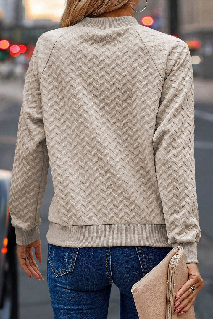 Chevron Textured Raglan Sleeve Pullover Sweatshirt - Beige