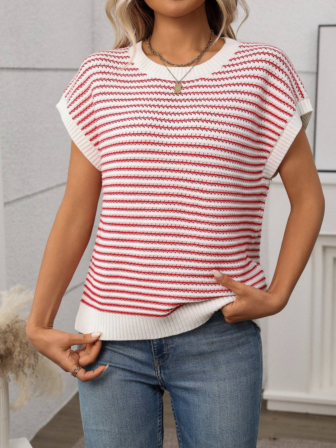 Crew Neck Knit Top Casual Stripe Color Clash Sweater - Black & White