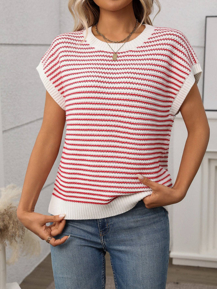 Crew Neck Knit Top Casual Stripe Color Clash Sweater - Black & White