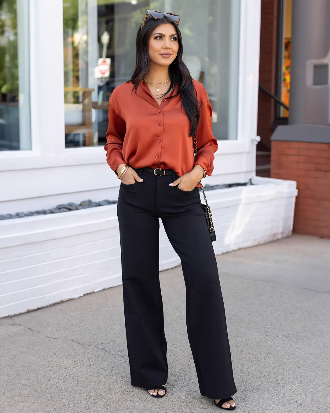 Satin Button Down Top In Rust