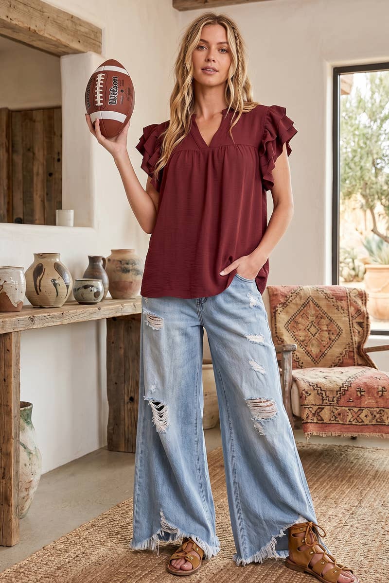 AIRFLOW OVERSIZED RUFFLE SLEEVE BLOUSE - BURGUNDY