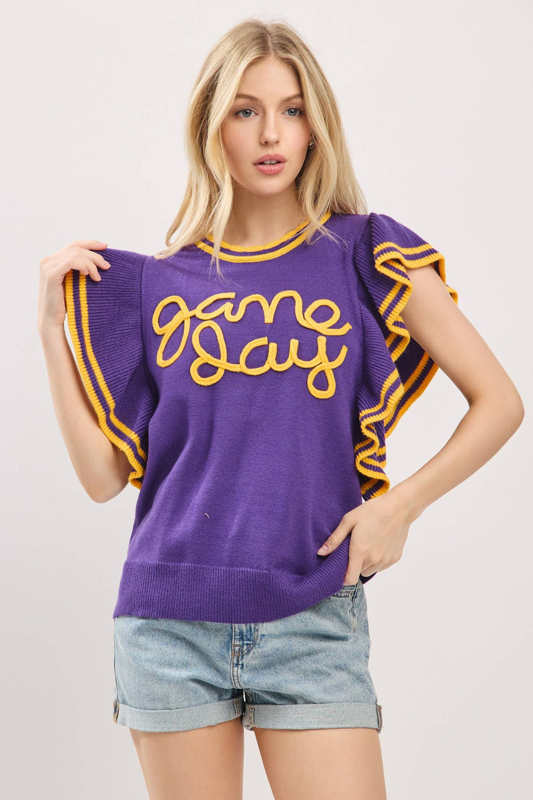 Ruffle Sleeve Varsity Gameday Knit Top -  Red/Black