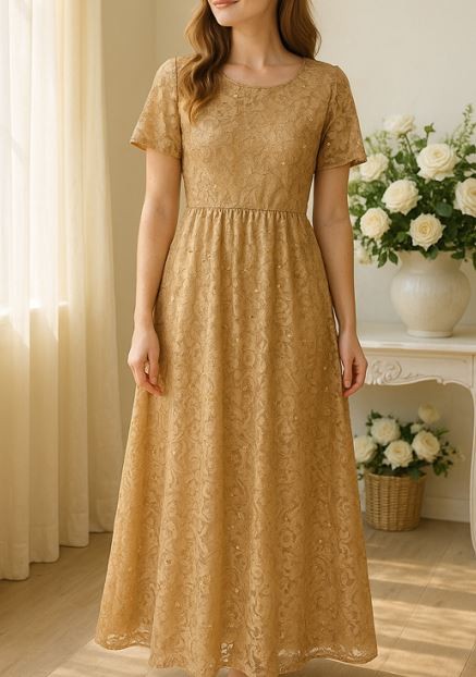 Champagne Lace & Gold Sequined Maxi Dress