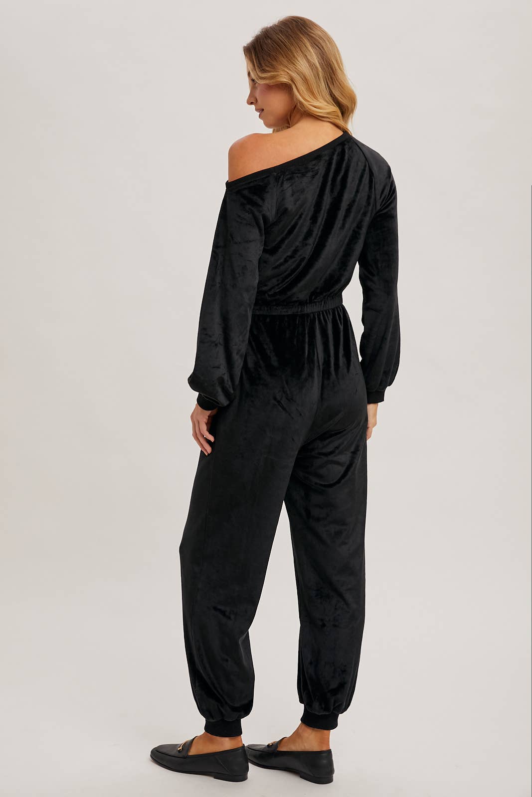 VELVET ONE SHOULDER BOAT NECK JUMPSUIT