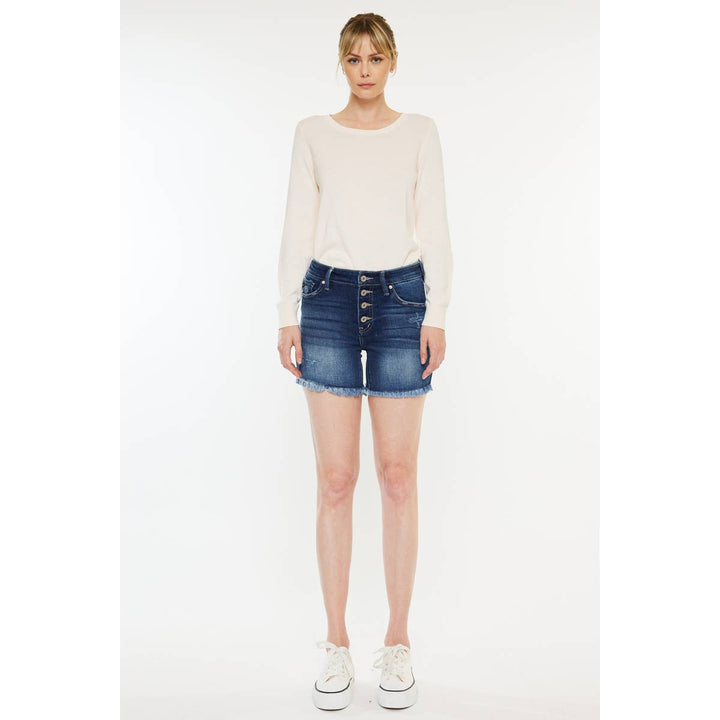 KANCAN MID RISE BUTTON UP DENIM SHORTS - Dark Wash