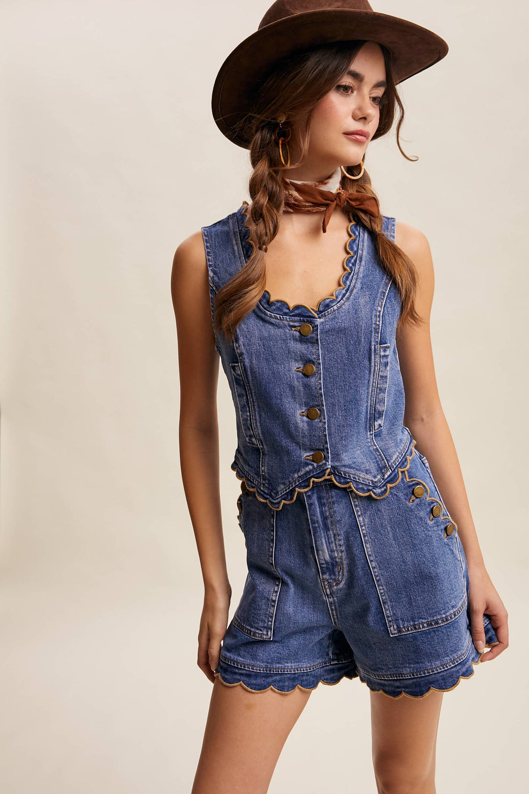 Scallop Button-Side Stretch Denim Shorts