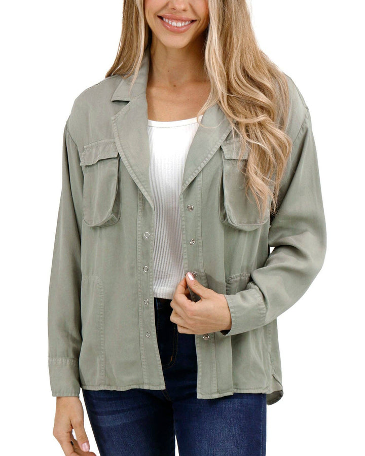 Grace and Lace Tencel™ Lyocell Utility Shirt Jacket in Sage