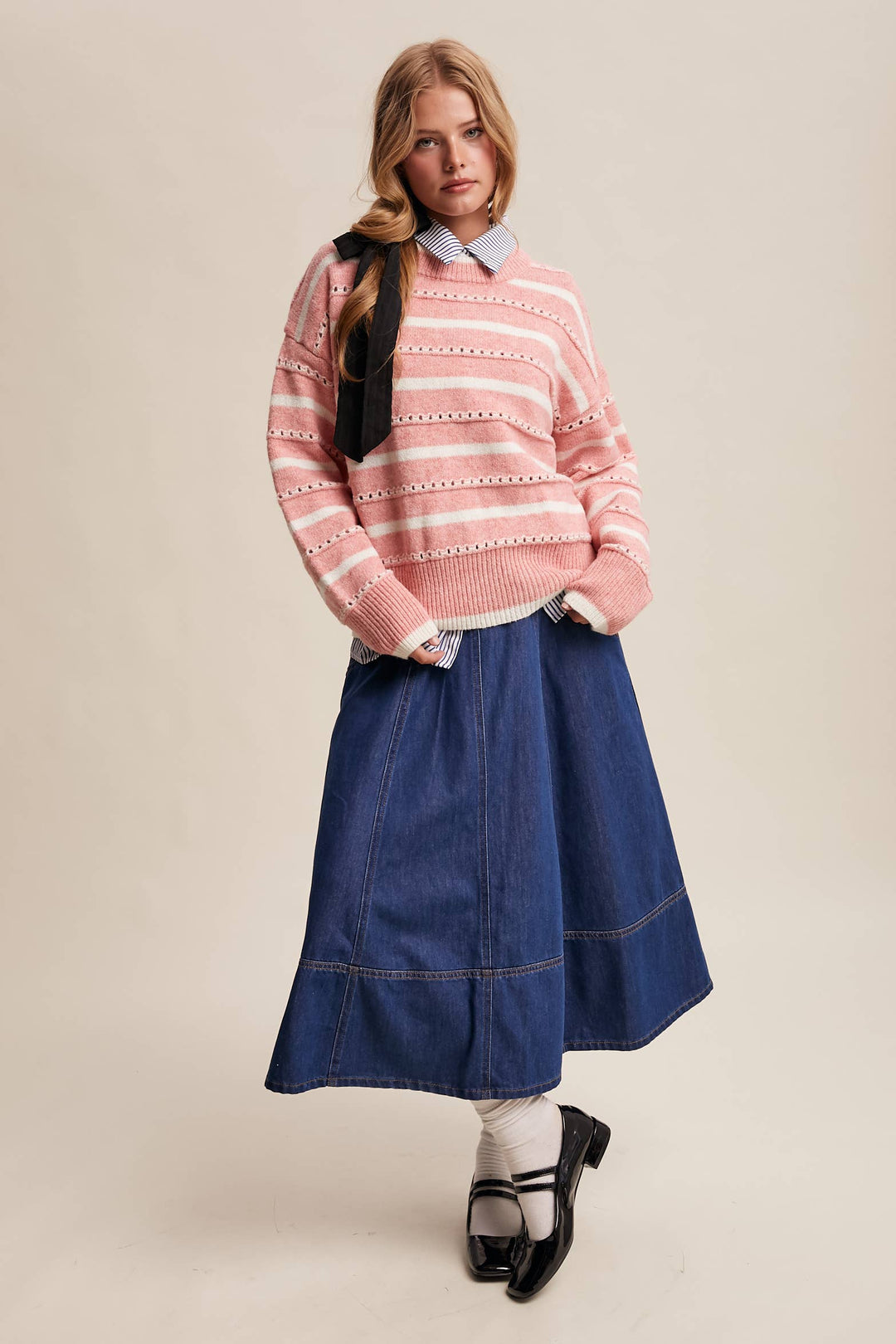 Striped Open-Stitch Pullover Sweater in Light Coral