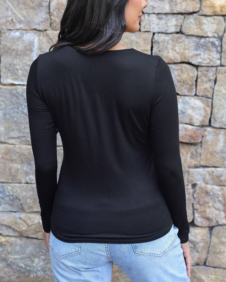 Modal V-Neck Long Sleeve Tee in Black