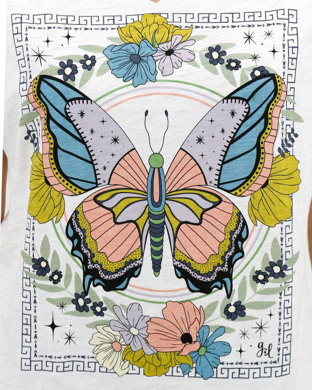 Notched Neck Washed & Worn Graphic Tee - Butterfly