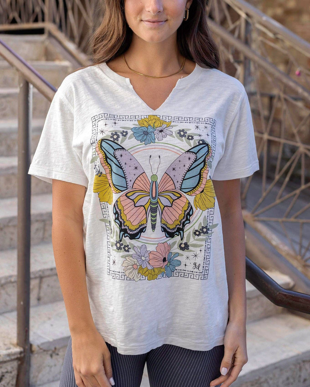 Notched Neck Washed & Worn Graphic Tee - Butterfly