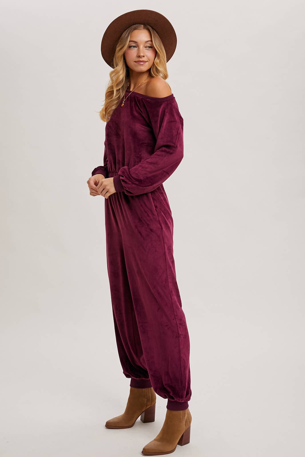 VELVET ONE SHOULDER BOAT NECK JUMPSUIT