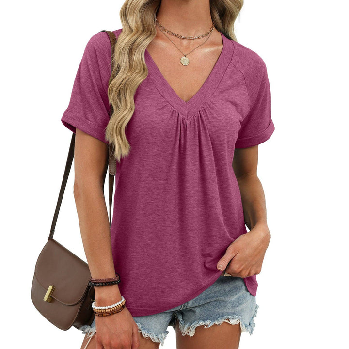 Women’s V Neck Pleated Short Sleeve Casual Blouse Top - Burgundy