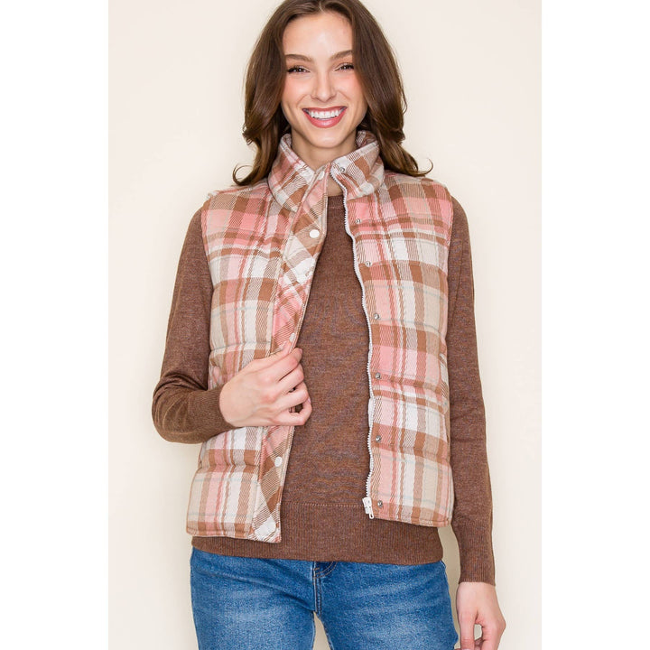 Jacquard Plaid Padded Vest in Blush