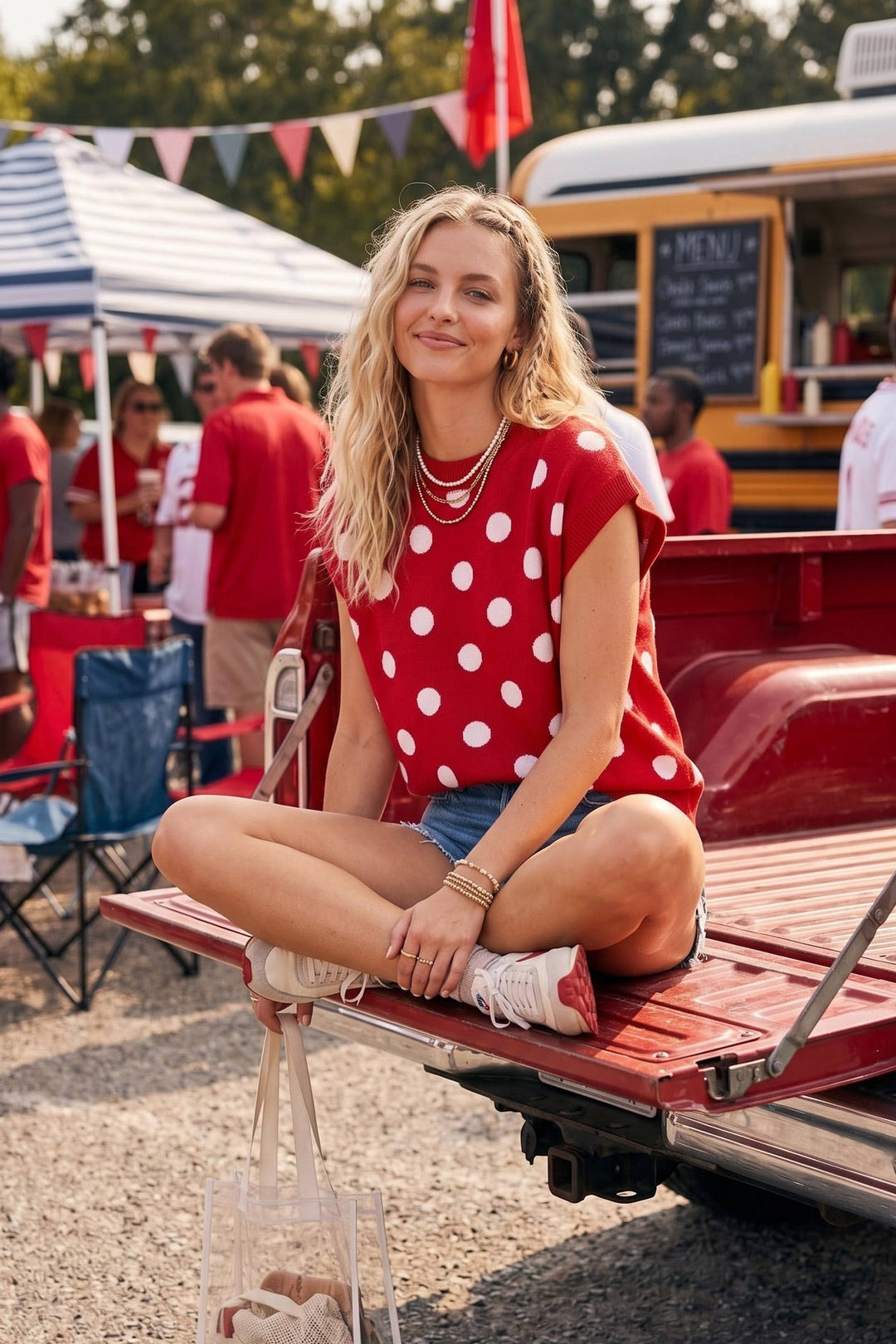 Gameday Polka Dot Sleeveless Knit Top - Red/White