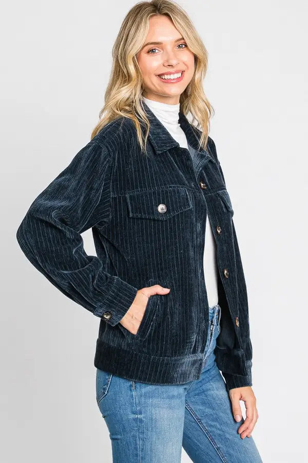 Button Down Soft Ribbed Jacket - Dark Blue