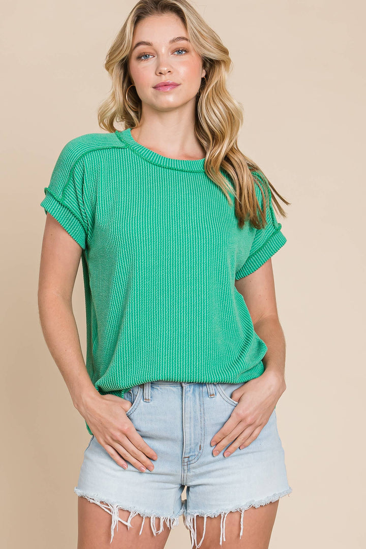 The Breezy Ribbed Knit Top - Kelly Green