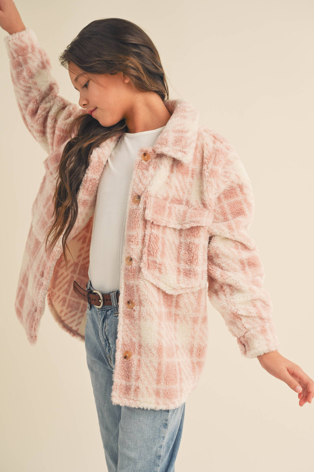 GIRLS DOUBLE POCKET PLAID SHACKET-BLUSH