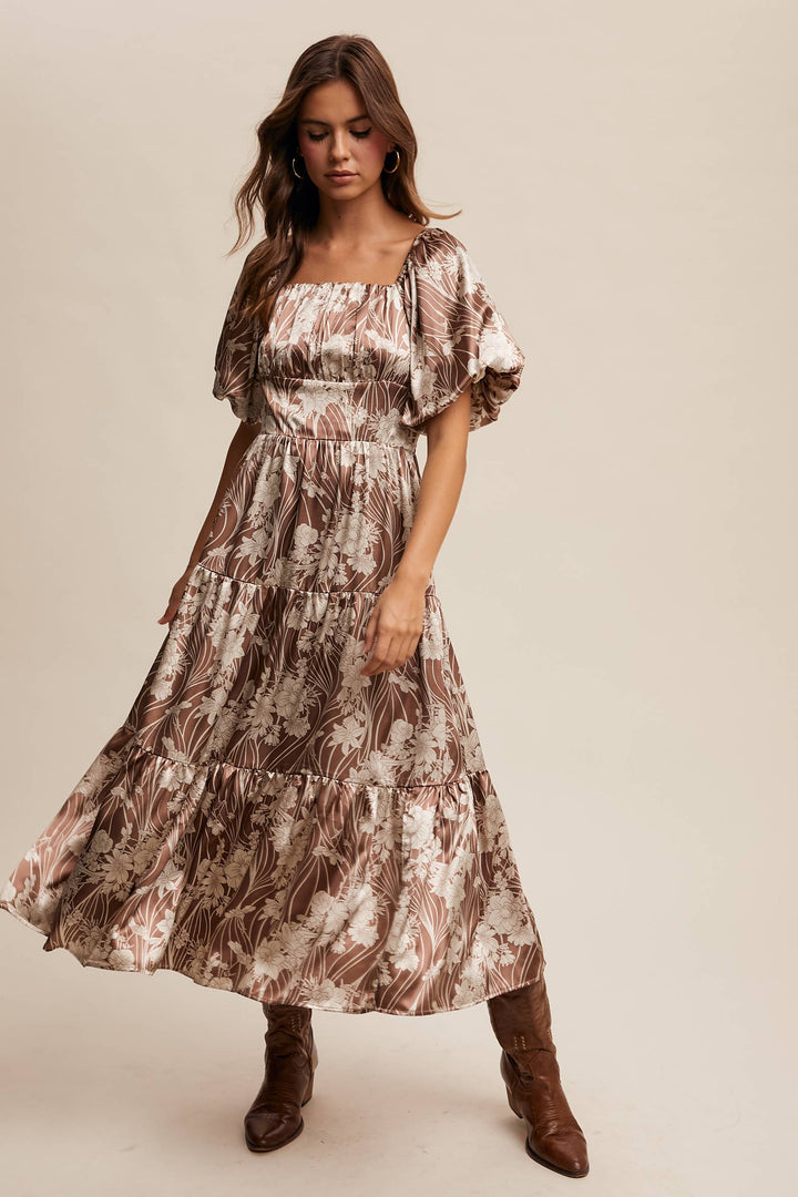 Enchanted Satin Blossom Puff Sleeve Midi Dress