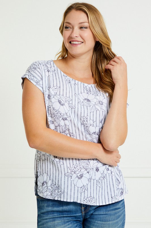Timeless Bloom Striped Top - White with Black Floral Print