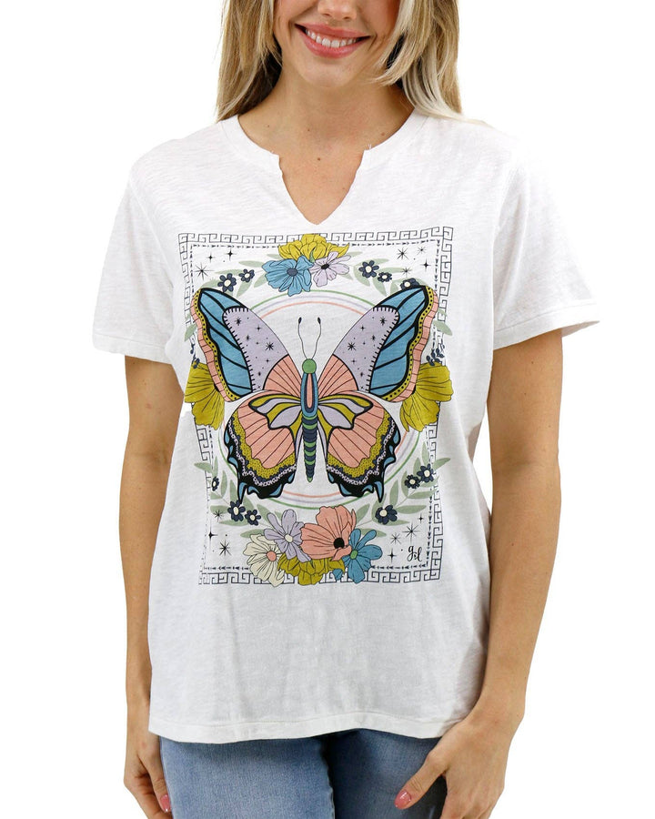 Notched Neck Washed & Worn Graphic Tee - Butterfly