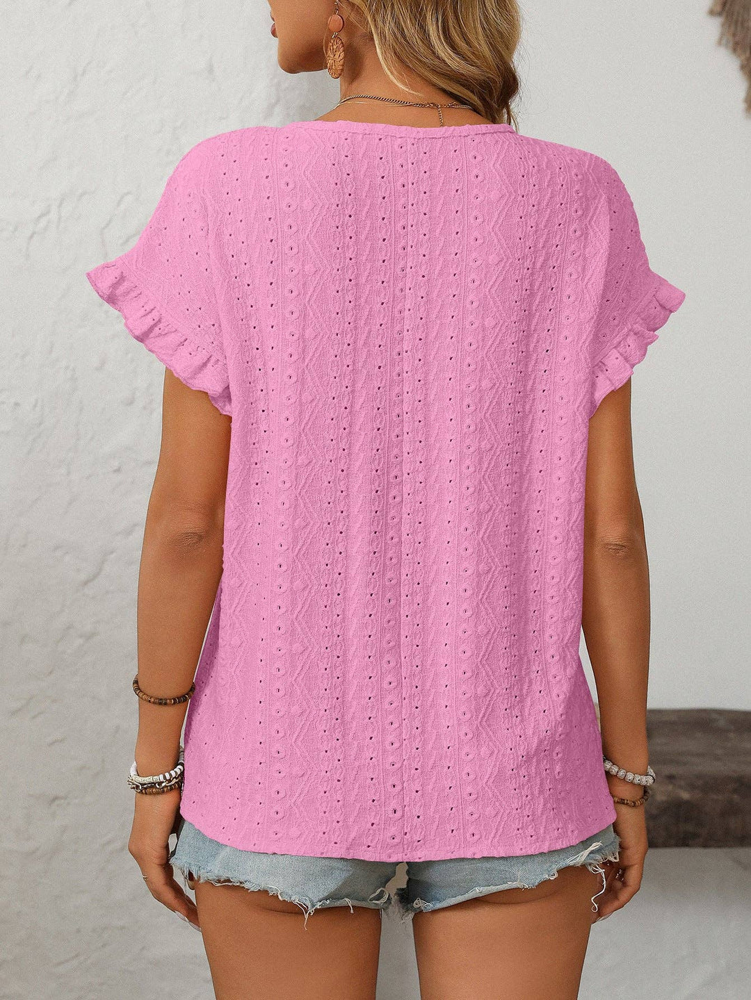 Sweet Short-Sleeve Hollow-Out Top - Pink
