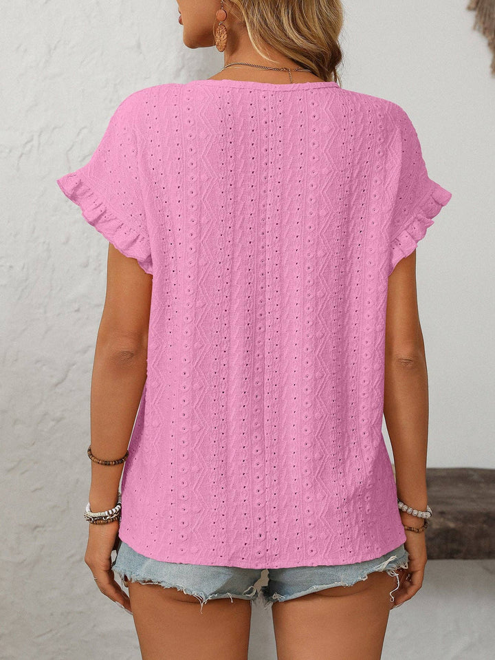 Sweet Short-Sleeve Hollow-Out Top - Pink