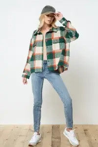 Cropped Frayed Button Up Flannel Shacket - Hunter Green