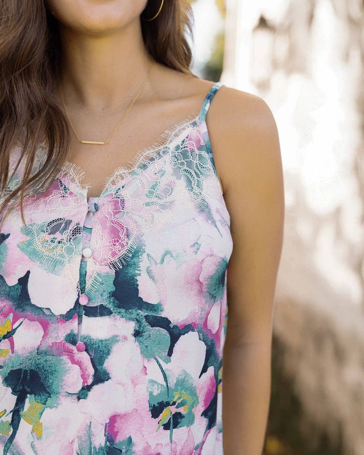 Button Lace Trim Cami in Watercolor Floral