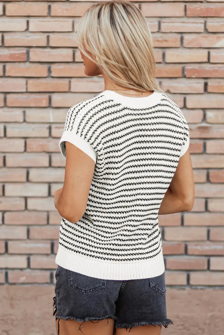 Crew Neck Knit Top Casual Stripe Color Clash Sweater - Black & White