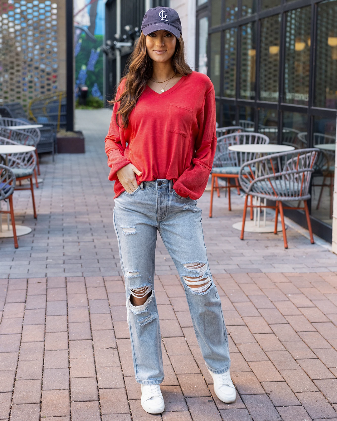 Dolman Sleeve Boho V-Neck Top in Poppy