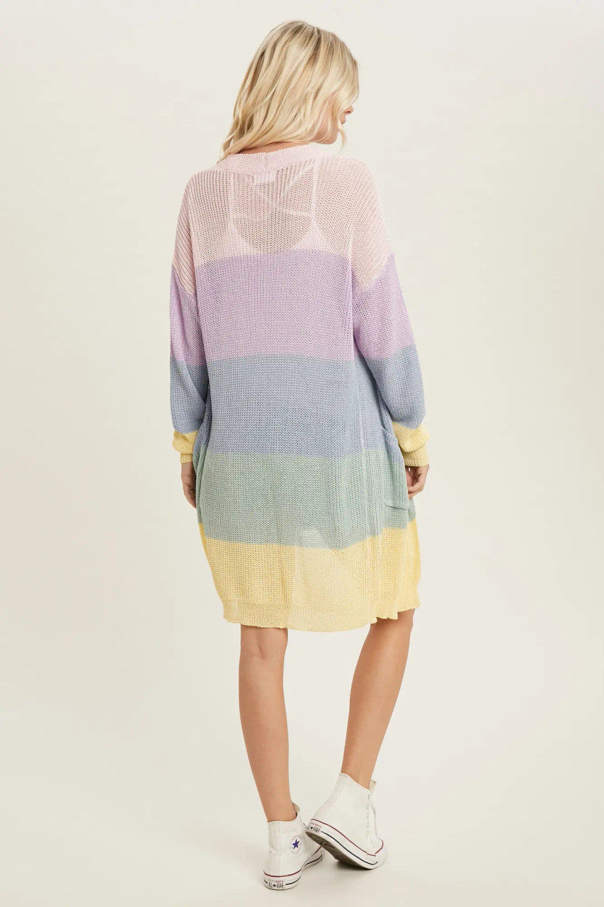 Spring Color Blocked Open Front Cardigan - Pink/Lav