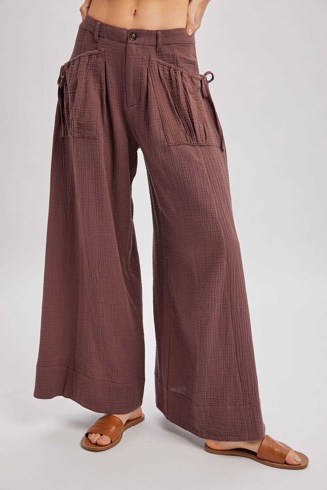 Patch Pocket Wide Leg Drawstring Pant - Mocha