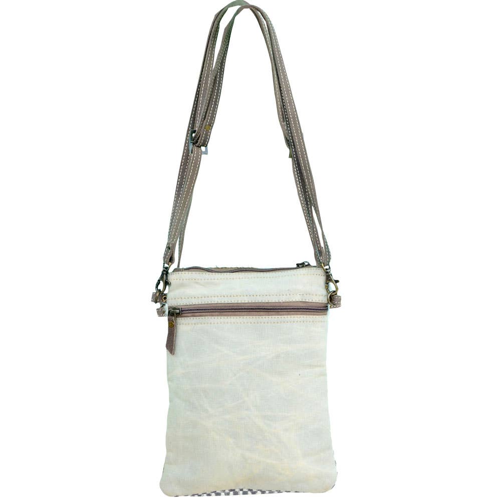 White Canvas Pattern With Fur Shoulder Bag