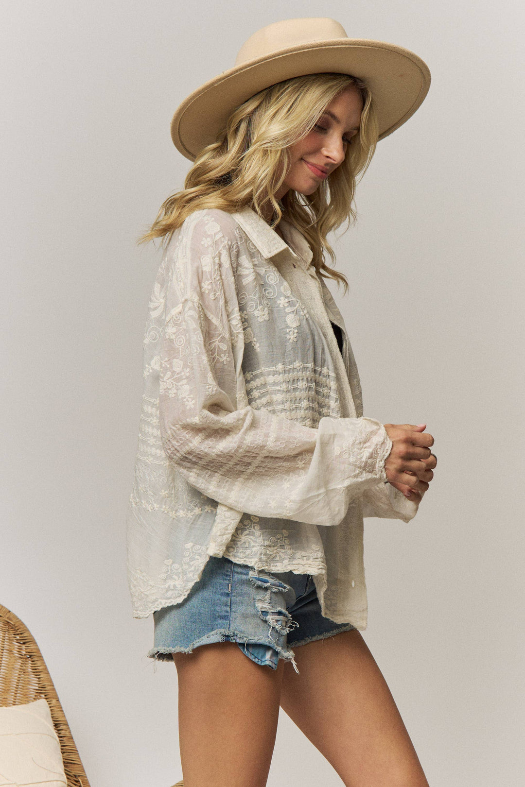 Wildflower Whispers Embroidered Sheer Button-Down