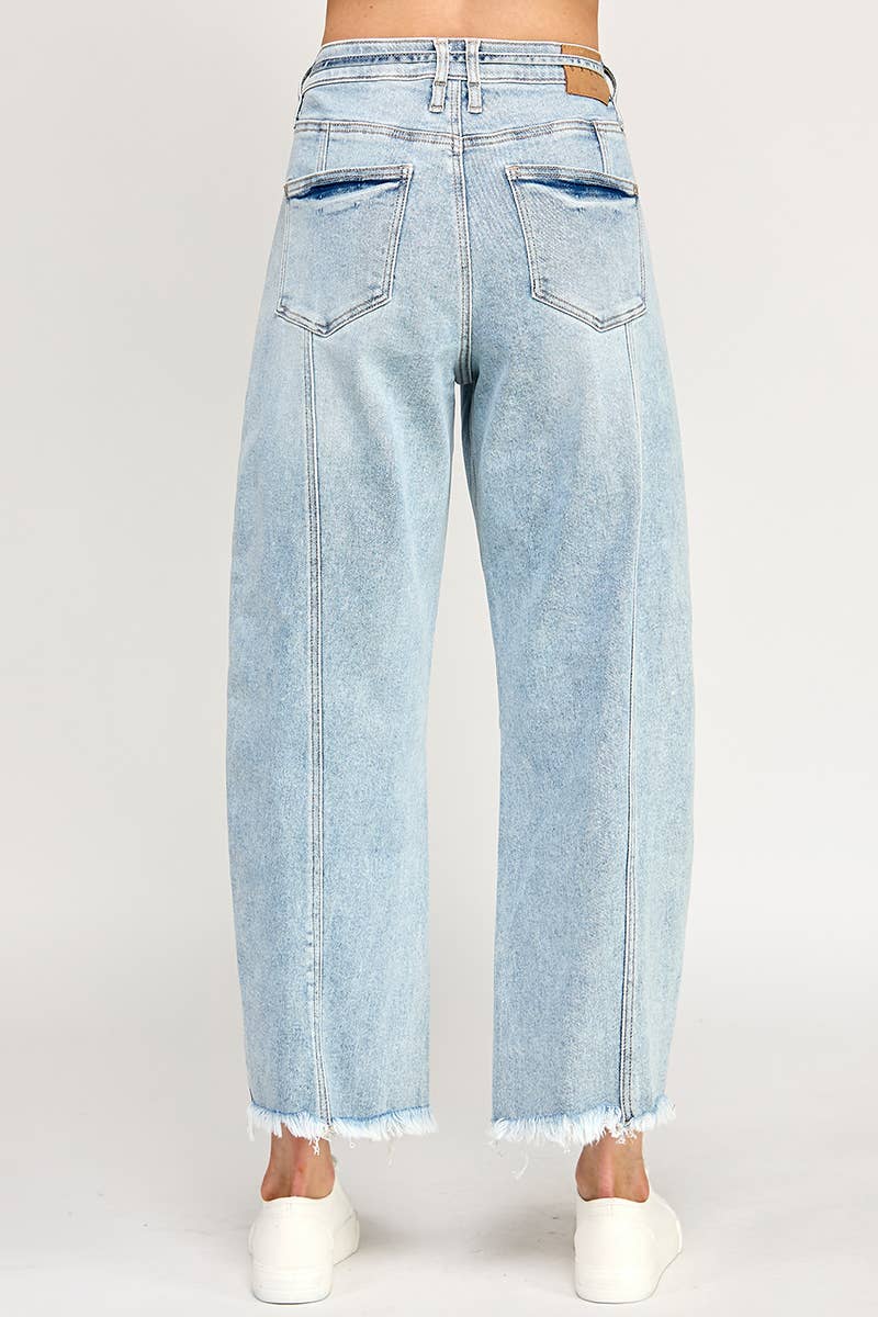 Stretch High Rise Tie-Waist Frayed Hem Barrel Jean  - Light Wash