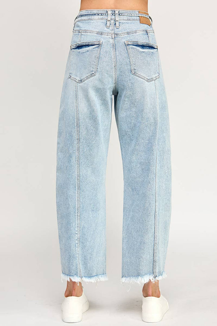 Stretch High Rise Tie-Waist Frayed Hem Barrel Jean  - Light Wash