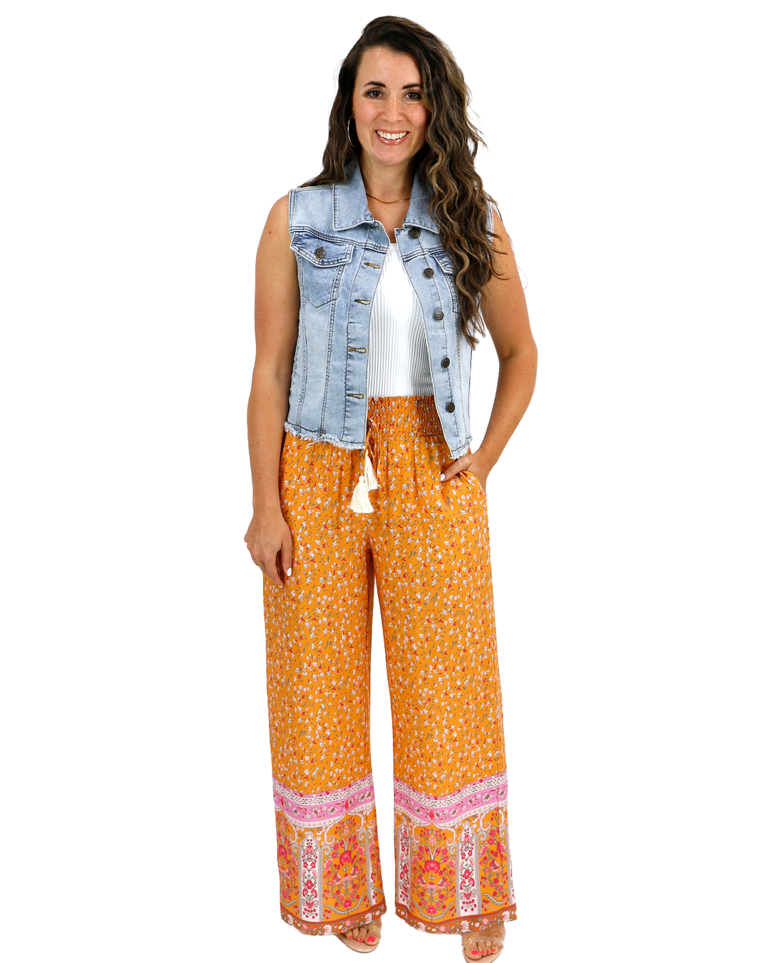Grace and Lace Floral Print Wide Leg Pants in Mustard