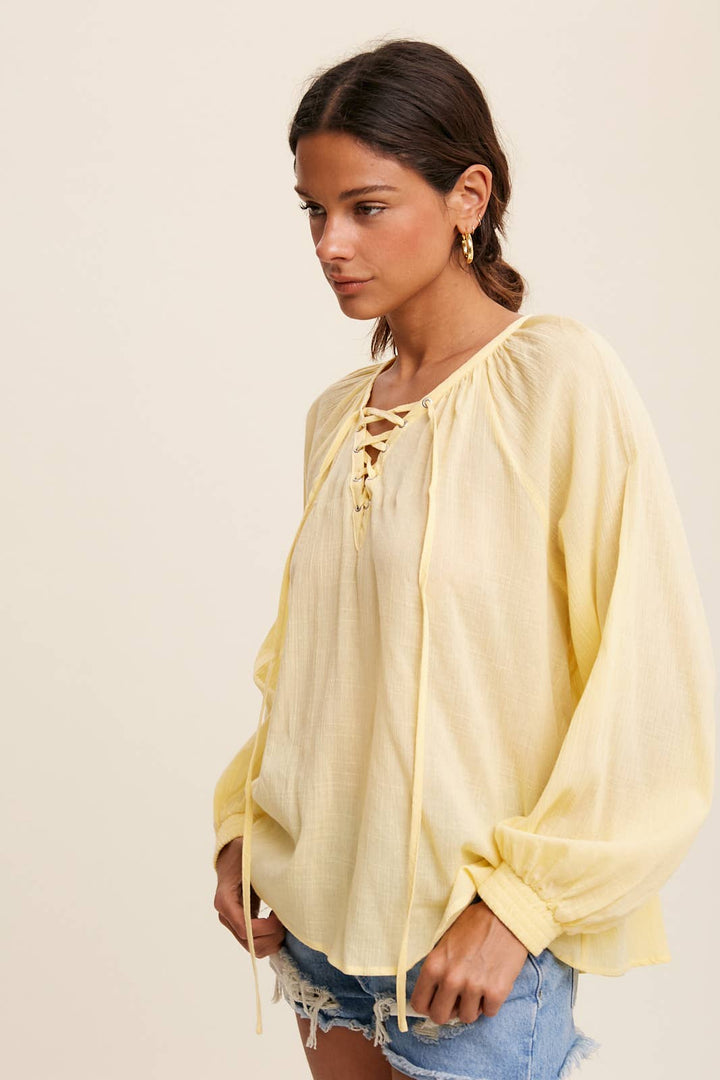 Lace-Up Gauze Peasant Blouse - Lemon Vanilla
