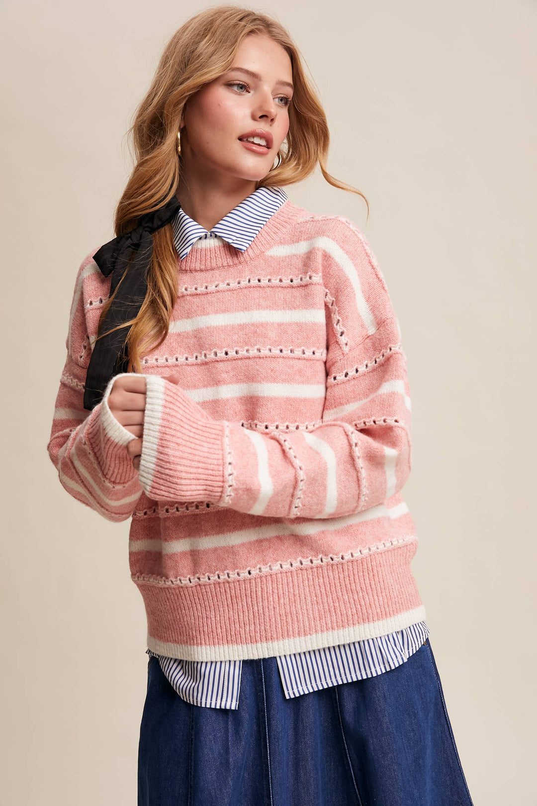 Striped Open-Stitch Pullover Sweater in Light Coral