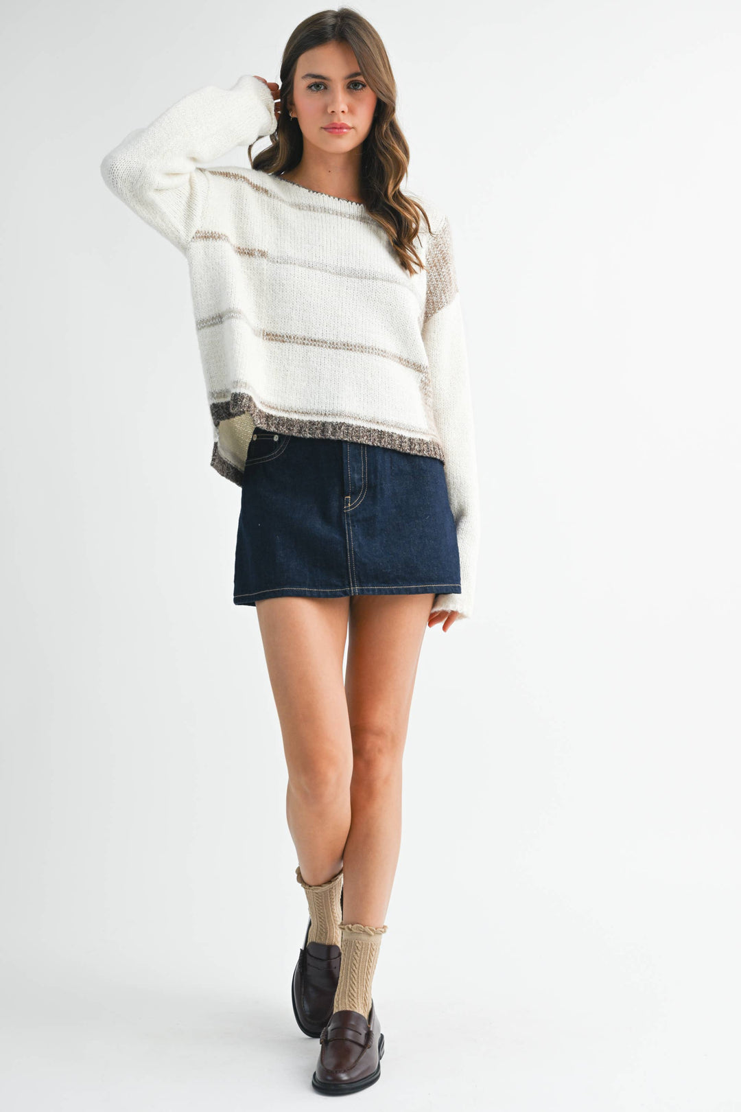 Mona Knit Stripe Pullover Sweater - White/Oat