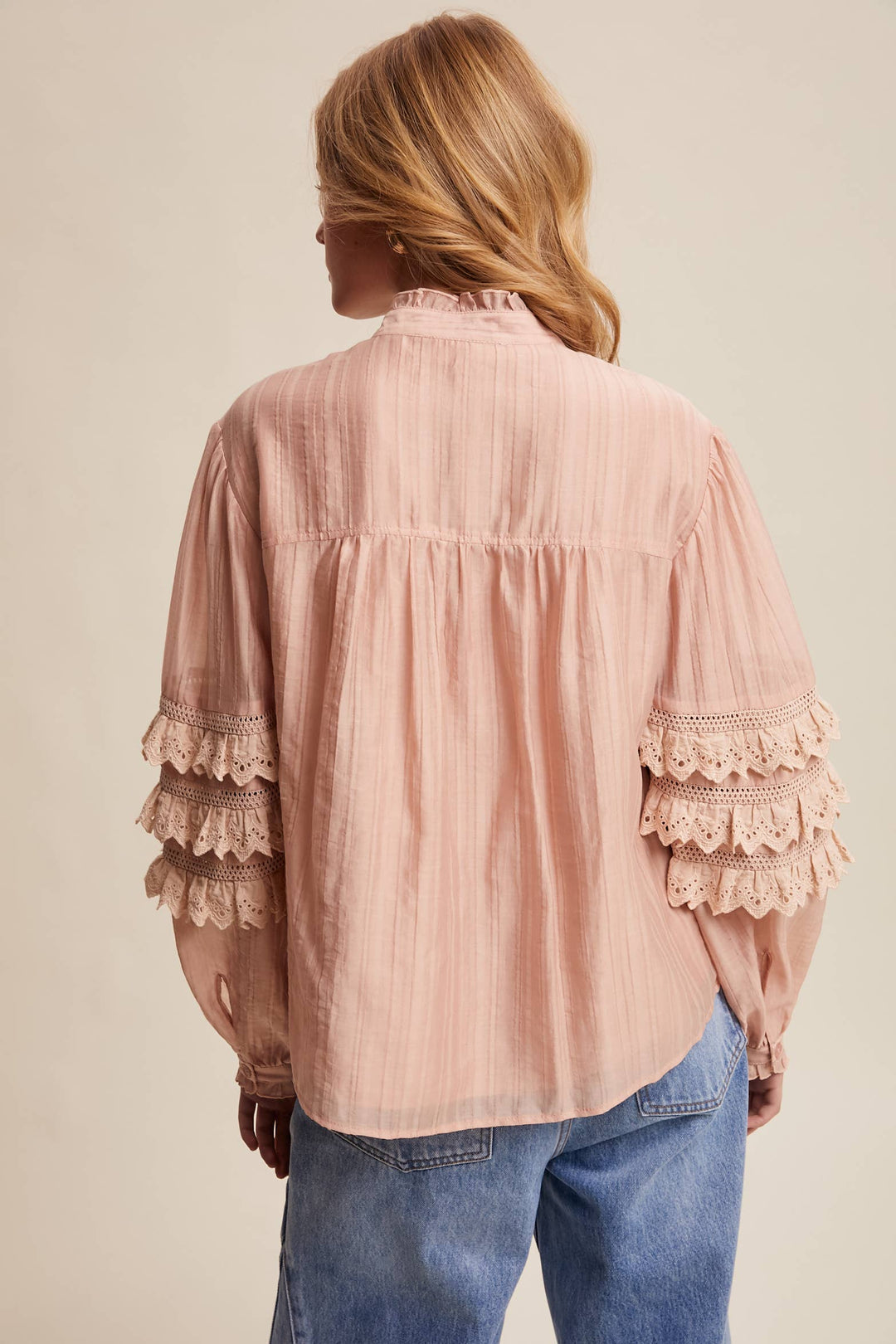 Lace Ruffle Sleeve Pintuck Blouse - Blush