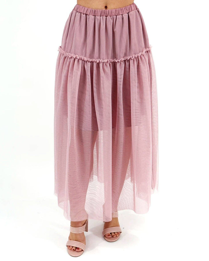 Mesh Tiered Maxi Skirt in Blush