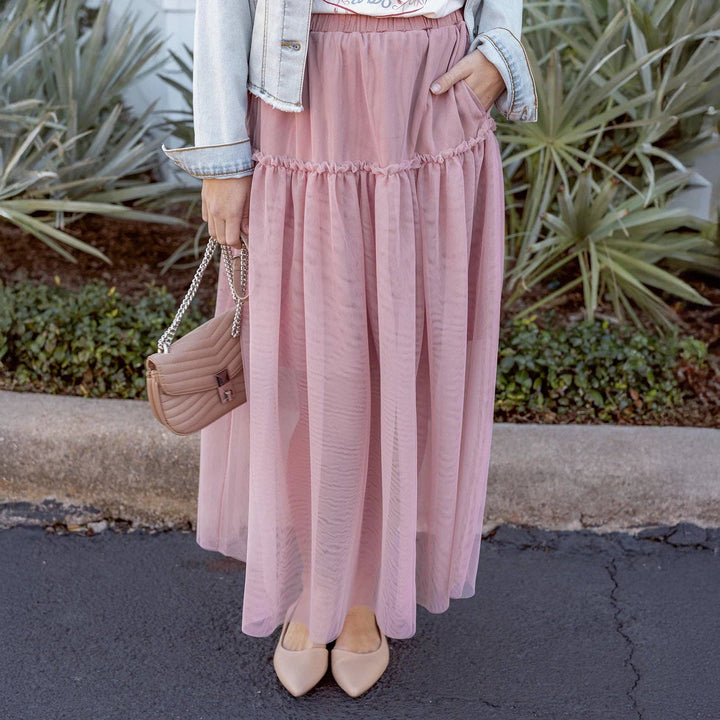 Mesh Tiered Maxi Skirt in Blush