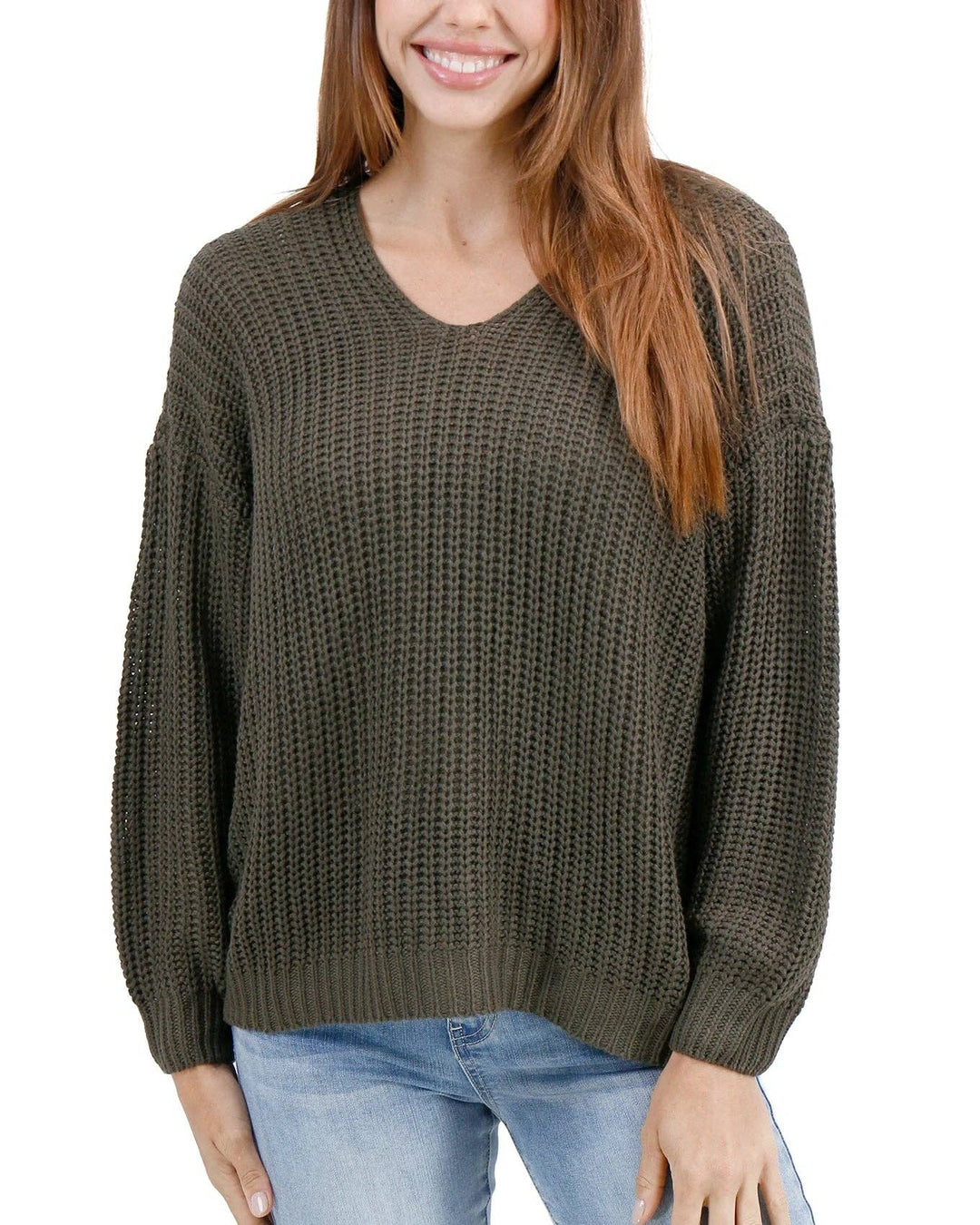 Grace and Lace Boyfriend Slouchy Knit Sweater in Olive