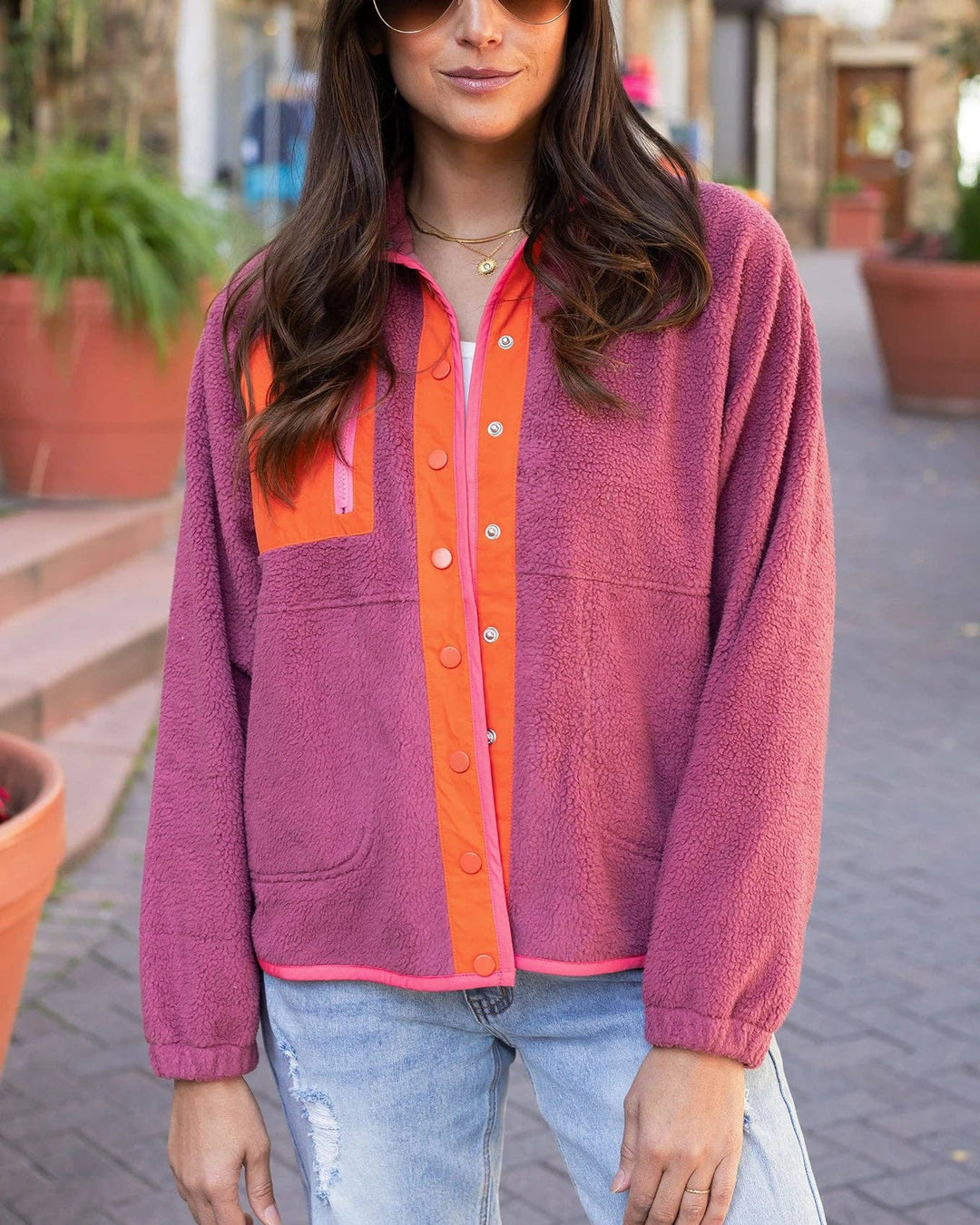 Colorblock Fleece Jacket in Berry-Orange