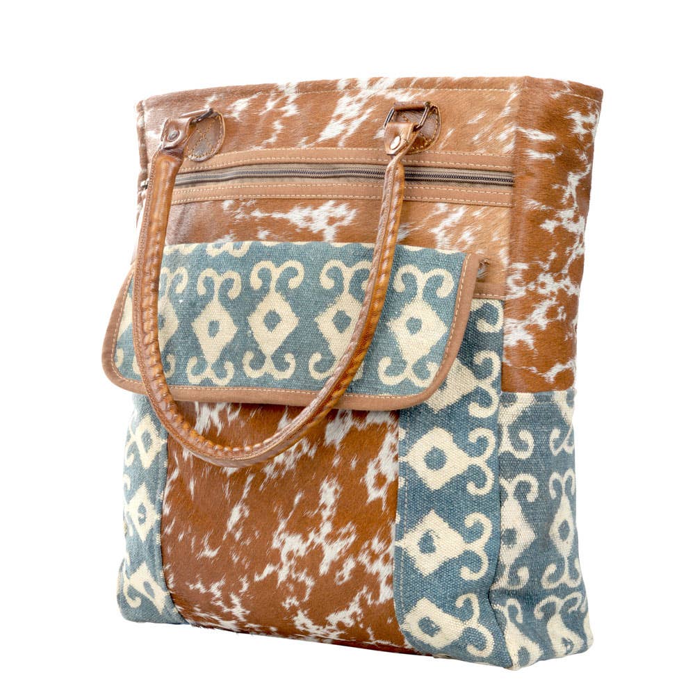 Teal And Brown Tote Bag With Cowhide