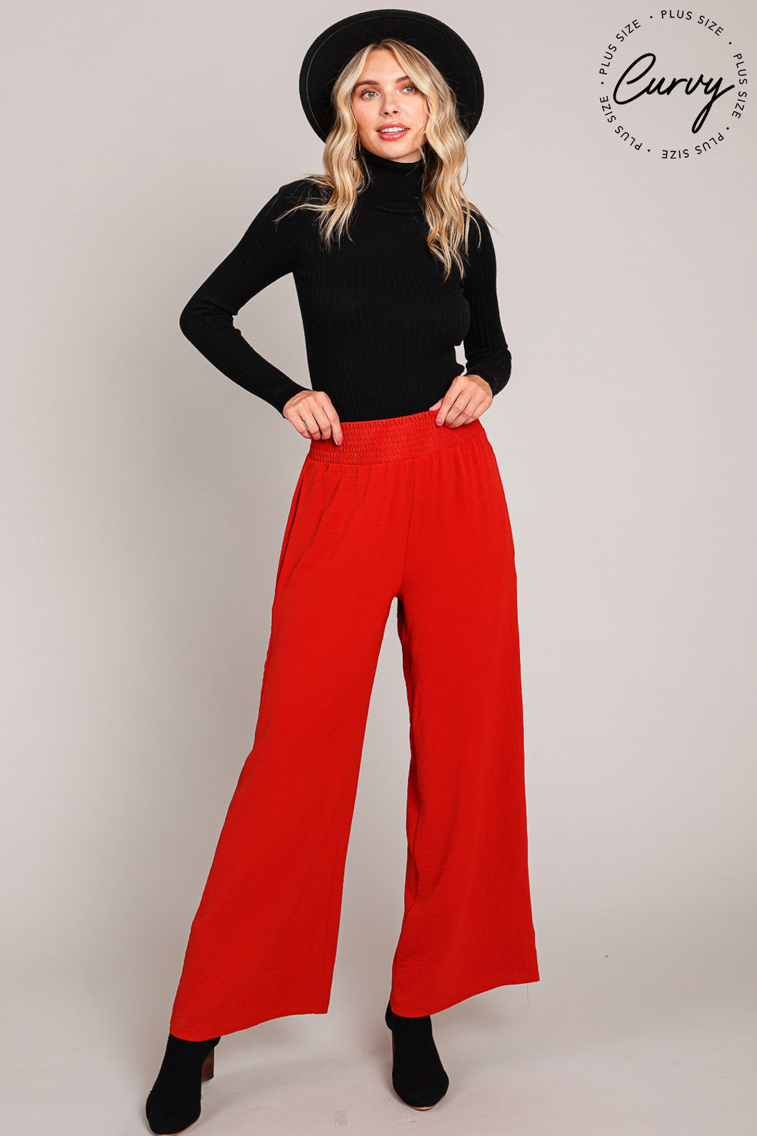 Plus Size Cotton Bleu Air Flow Smocked Dress Pants - Red